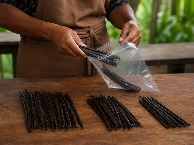 Gousses de vanille triées puis placées dans un sachet transparent