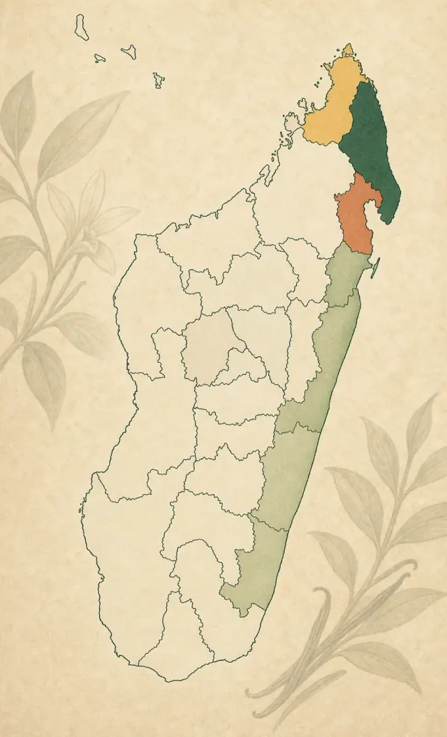 Mappa del Madagascar con le principali regioni produttrici di vaniglia