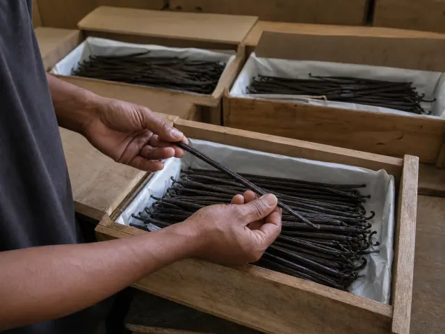Gousses de vanille rangées dans des caisses en bois pour l’affinage